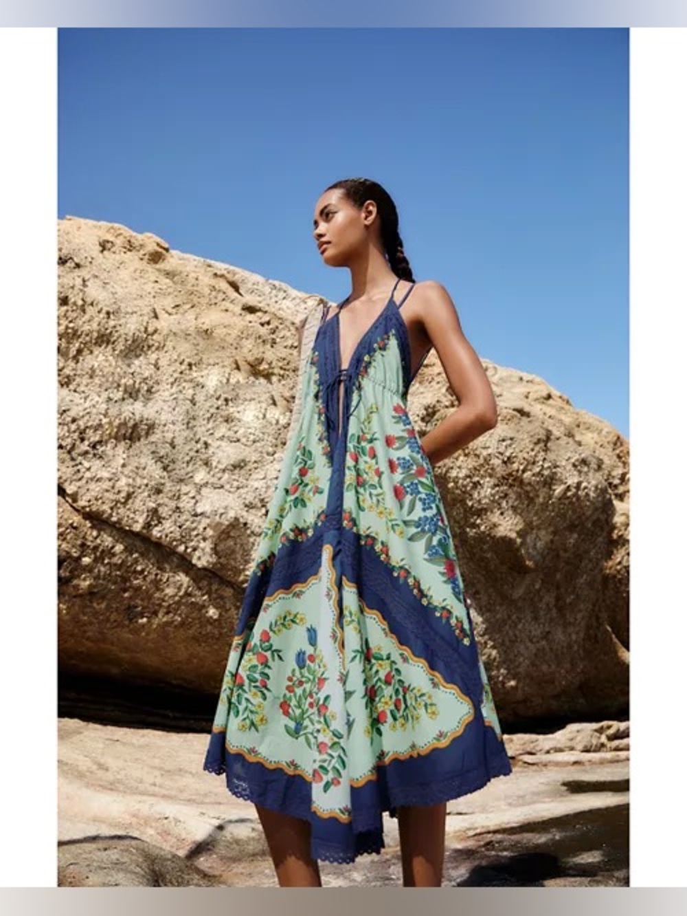 FARM Rio Blue and Mint Floral V-Neck Sundress